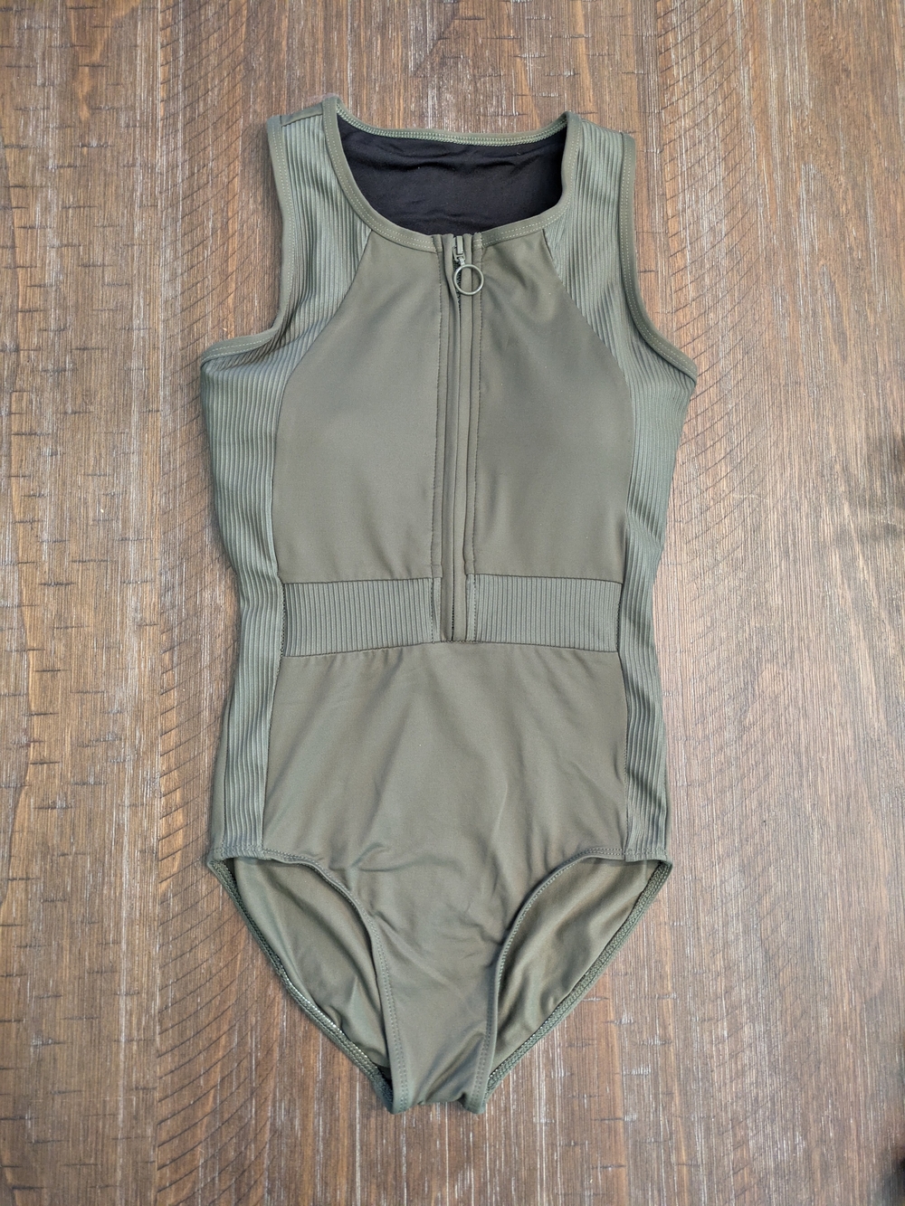 Womens Danz N Motion Olive Front-Zip Leotard